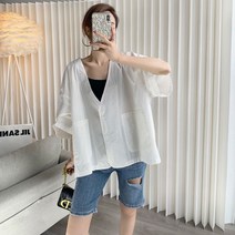 SJW 봄 여름 여성 반팔 셔츠 남방 브이넥 무지 투포켓 오버핏 상의 빅사이즈 L~4XL