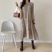 데일리앤 헨리넥 호피 레오파드 쉬폰 셔링 플레어 롱 원피스 피드