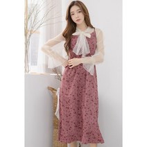 유즈 플라워 코듀로이 롱 원피스 (2co) (데이트룩 하객룩)-머메이드 뷔스티에 골덴 핑크 살구