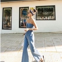 튜브 탑 점프 수트 슈트 현아 통 바지 롱 스트레이트 와이드 부츠컷 중청 워싱 데님 청바지