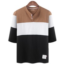 삼단 절개 배색 7부 헨리넥 반팔티 티셔츠 NR774T