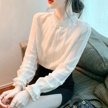 유럽 패션 유행 화이트 쉬폰 셔츠 숙녀 새해 패션 외국 스타일 블라우스 플러스 벨벳