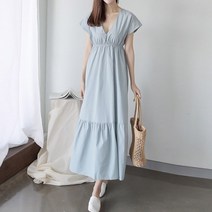 원타임 여성용 브이넥 프릴 롱원피스