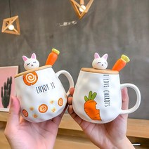 앙증맞은 토끼돼지뚜껑 티스푼 세라믹 머그잔세트 400mL, 토끼 A