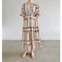 페이즐리 에스닉 브이넥 허리스트링 루즈핏 플레어 셔링 롱원피스 봄 여름 빅사이즈 임부