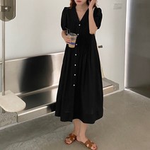 KORELAN 실사 빈티지 헵번풍 벌룬 골지 가로 접기 양복 자외선 차단 롱 셔츠 원피스