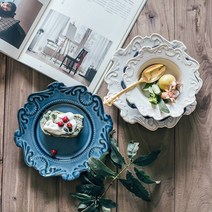 바로크 레이스 접시 빈티지 플레이트 샐러드 그릇 파스타볼, 블루, 6인치 볼