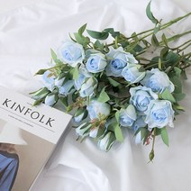 에스메랄다 장미 조화 꽃다발 부쉬 인테리어 꽃장식 인조꽃 셀프웨딩 부케 프리미엄 실크플라워, 블루