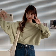 루띠에트 여성용 무지 크롭 긴팔 맨투맨