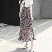 빈티지 프린트 롱 스커트 여성용 플로랄 머메이드 하이 웨이스트 슬림 핏 스플릿 쉬폰 여름