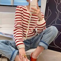 런던 플랏 가르송 니트 스트라이프 카디건 여성 골드 버클 짧은 코트 느슨한 클래식 넥