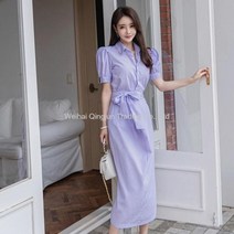 WARM여성 여름 반팔 퍼프소매 셔츠 연보라 랩 롱 원피스