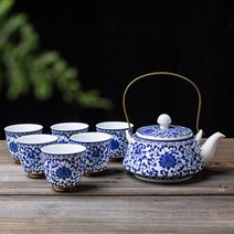 다도 다기 세트 부티크 파란색과 흰색 도자기 차 중국 도자기 찻주전자 수제 주전자 여과기 찻잔 홈 차 식기 마시는 것, A3 -- 7개
