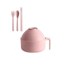 광주요면기 컵라면 용기 손잡이 그릇 면기 1세트 편리한 인스턴트 국수 그릇 젓가락 숟가락 포크 밀짚 일본, 03 분홍색