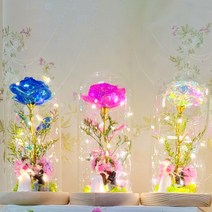 LED 장미 크리스탈 홀로그램 유리돔 카네이션 신랑신부커플 피규어 인테리어무드등 추석 명절 선물 발렌타인데이 화이트데이 로즈데이 성년의날 커플 신혼부부 어버이날 스승의날 드라이플라, 핑크