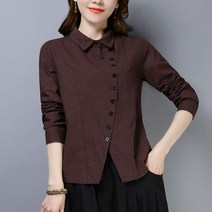 여성 가을 사선 버튼 잔체크 긴팔 면 셔츠 블라우스
