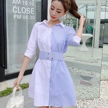 가바바 여성 셔츠원피스 스트라이프 반반디자인이 유니크해 카라넥 미니원피스 G53912