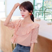 온스타일러 국내배송 머디 체크 프릴 블라우스 반팔블라우스 브이넥블라우스