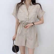[비즈로그인] 여성 루즈핏 허리 스트링 반팔 셔츠 숏 점프슈트 2color