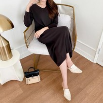 브이와이 여자 FW V넥 롱슬리브 스웨터 롱 민무늬 원피스