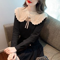 [이꾸띠] 가랜드리 여성 봄 가을 넓은 카라넥 배색 리본 포인트 상큼 발랄한 디자인 3컬러 니트 블라우스