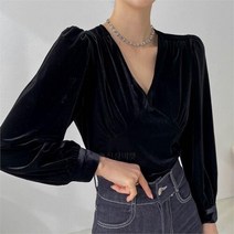 브이와이 VY 여자 잔주름 슬림핏 홀리데이 벨루어 블라우스