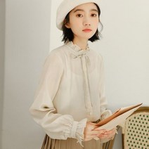 [이꾸띠] 얘기제리 여성 헨리넥 목리본 청순한 연배이지 블라우스