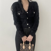 VANANA2 여성 골드 버튼 포인트 부들부들 퍼 크롭 브이 가디건