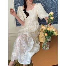 플라워 오간자 퍼프 반팔 원피스 드레스 셔링 플레어 롱 청순한