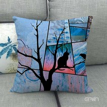 더캣 냥이와까치쿠션 솜포함쿠션 거실쿠션 쇼파등받이쿠션 사각쿠션 고양이캐릭터 구름쿠션, 391