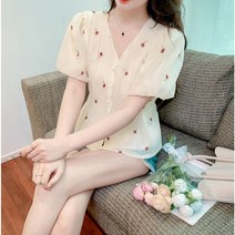 여자여자몰 허리긴체형보완 프렌치장미자수 볼륨소매 주름캉캉 반팔여름블라우스 캐쥬얼