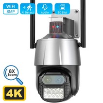8MP 4K PTZ IP 카메라 듀얼 렌즈 8X 줌 오디오 야외 와이파이 카메라 모션 감지 경찰 라이트 알람 CCTV 비디오 감시 캠, 8MP NO SD Card_미국 플러그