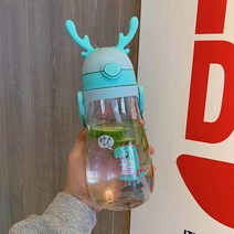 미즈우드 뿔 sippy 컵 귀여운 귀여운 귀여운 만화 컵 가을 휴대용 환경 친화적 인 스트랩 컵, 580ML, 시안