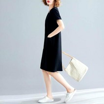 여자 데일리 편한 깔끔 무지 브이넥 반팔 미디 원피스