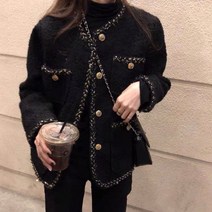 결혼식 10월 하객룩 부클 자켓 트위드자켓 노카라 검정색 금장 자켓