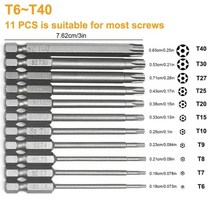 Torx 비트 세트 마그네틱 탬퍼 방지 스타 비트 T6-T40 스크루드라이버 렌치 드릴 세트 11 개, 01 Silver