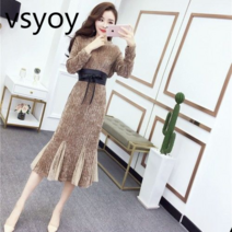vsyoy 봄 여성 2022 새로운 한국 기질 세미 하이 칼라 허리 레이스 스티칭 피쉬 테일 스커트 슬림 바닥 드레스