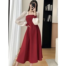원피스 새로운 도착 레드 파티 드레스 여성 39s 봄 2022 스퀘어 넥 퍼프 긴 소매 프랑스어 긴 드레스