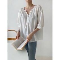 로엠 브이 트임 셔링 코튼 면 루즈핏 언발 튜닉 블라우스