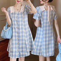스타일아유 여성 여름 소녀 귀여운 데일리 체크패턴 카라 미디원피스 나들이룩