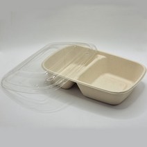 리어스팩 펄프용기 친환경 펄프도시락 종이용기 2구 사각타원형 800ml (투명뚜껑) 크라프트50개 P6 (크라프트색상/뚜껑포함)