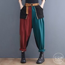 도오빠 여성 배색 밴딩 데님 팬츠 청바지 루즈핏 오버핏 와이드 배기 진 하렘 패치 롤업 포켓 가을 겨울 40대 50대 60대 중년 여자바지