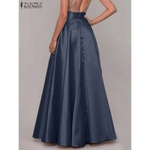 ZANZEA-보헤미안 여성 새틴 실크 롱 스커트 코튼 솔리드 우아한 루즈한 Sundress 여성용 탄성 허리 오버사이즈 캐주얼 드레스