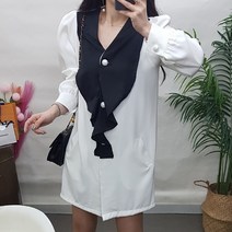 제이후 브이넥 배색 프릴 단추 하객 오피스 출근룩 키작녀 셔링 퍼프 미니 원피스