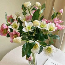 바보사랑 겨울 장미 헬레보루스 가지 (2color) 인테리어조화.소소플라워, 핑크|심플유리병미디움