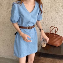 C.ONLIE SHOP브이넥 퍼프반팔 데님 청 미니원피스 벨트세트 T2042 원피스 하객룩 하객원피스