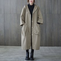 ANYOU 여성 봄 가을 루즈핏 후드 롱 빅포켓 트렌치 코트