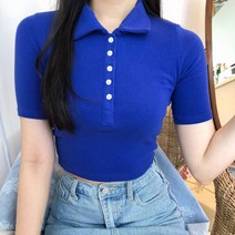 바이투엘 스판 쫀쫀 하이틴 카라 크롭반팔티 반팔 티셔츠