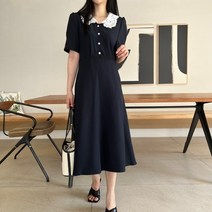 레이스 카라 핀턱 A라인 여름 결혼식 하객 블랙원피스