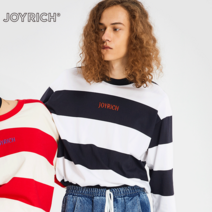 라운드박스티 JOYRICH 트렌드 커플 라운드넥 줄무늬 LOGO 풀오버 후드 남성 긴 소매 루즈핏티 4908084025